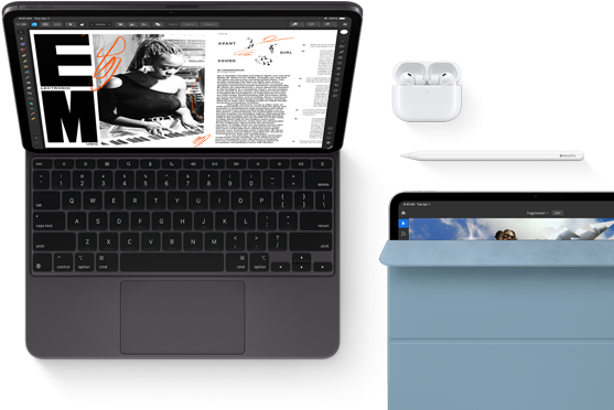 iPad Air, coloris lumière stellaire, écran affichant des graphismes colorés, fixé à un Magic Keyboard, à côté des accessoires Airpods Pro et Apple Pencil Pro
