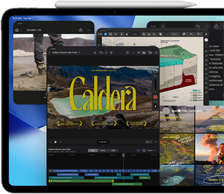iPad Pro, face avant, orientation paysage, noir sidéral, Apple Pencil posé sur l’appareil, écran affichant plusieurs fenêtres d’apps en mosaïque, dont Final Cut Pro avec plusieurs fonctionnalités de montage vidéo et une timeline, Plans, Notes et différents plans multimédias