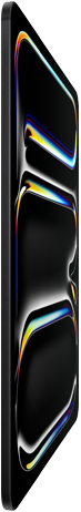 iPad Pro, face avant, noir sidéral, boîtier en aluminium et verre, profil fin, incliné vers l’arrière avec un dessin multicolore affiché à l’écran