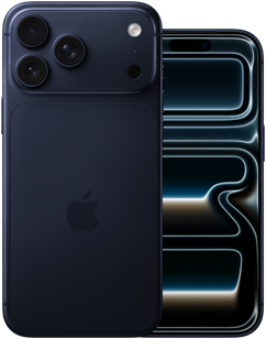 Côte à côte, iPhone 17 Pro Max, face arrière, système caméra Pro, 3 objectifs, micro, flash, finition bleu intense, iPhone 17 Pro, face avant design tout écran, finition bleu intense