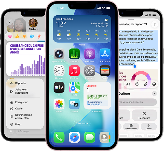Quelques iPhone 17e côte à côte affichant la photo d’un graphique dans l’app Messages, l’écran d’accueil avec le widget Météo et des apps, et l’app Notes avec les Outils d’écriture Apple Intelligence en cours d’utilisation