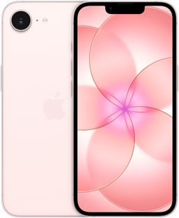Côte à côte, iPhone 17e, face arrière, coloris rose pastel, système caméra Fusion en haut à gauche, iPhone 17e, face avant, design tout écran