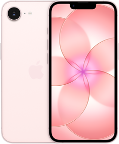 Côte à côte, iPhone 17e, face arrière, coloris rose pastel, système caméra Fusion en haut à gauche, iPhone 17e, face avant, design tout écran