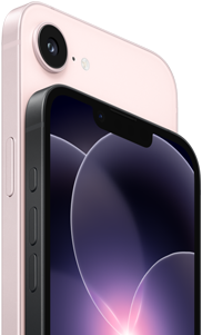 iPhone 17e, vue horizontale, faces latérale et arrière, coloris rose pastel, iPhone 17e, vue horizontale, faces latérale et arrière, coloris noir