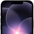 Vue partielle d’un iPhone 17e noir en mode portrait mettant en avant l’écran résistant affichant un fond d’écran avec une fleur violette en design Liquid Glass