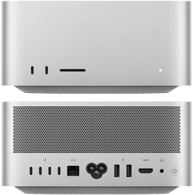 Mac Studio, avant, deux ports USB-C et lecteur de carte SDXC, et vue arrière avec 4 ports USB-C et 2 ports USB-A, port Ethernet, connexion HDMI et prise casque