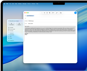 Écran d’un MacBook Air affichant les Outils d’écriture d’Apple Intelligence utilisés pour rédiger un e-mail