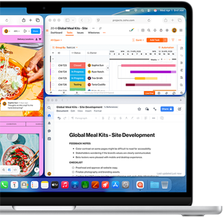 MacBook Air, l’écran affiche Figma, Zoho et Quip ouverts dans trois fenêtres distinctes, pour illustrer le mode multitâche