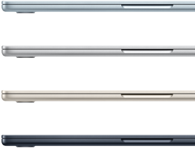 Vue latérale de quatre MacBook Air montrant quatre finitions différentes