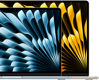 Deux MacBook Air montrant la différence de taille de leurs écrans : 13,6 pouces et 15,3 pouces, mesurés en diagonale