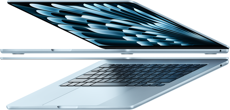Deux MacBook Air en bleu ciel ouverts forment une flèche, soulignant leur profil fin
