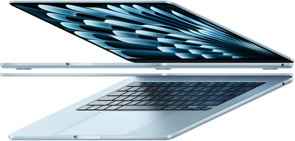 Deux MacBook Air en bleu ciel ouverts forment une flèche, soulignant leur profil fin