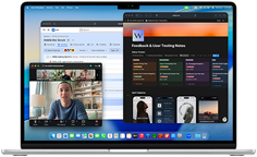 MacBook Air, écran affichant Notion, Jira et Zoom ouverts dans trois fenêtres distinctes, pour montrer que macOS permet d’utiliser plusieurs apps en toute fluidité