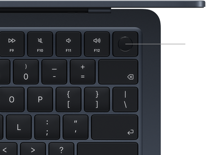 Gros plan sur le bouton Touch ID situé dans le coin supérieur droit du clavier d’un MacBook Air, avec un trait désignant l’icône Touch ID, pour montrer qu’il est possible d’appuyer sur le bouton pour déverrouiller l’appareil en toute sécurité