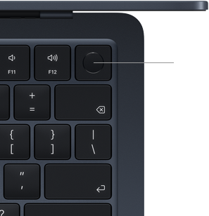 Gros plan sur le bouton Touch ID situé dans le coin supérieur droit du clavier d’un MacBook Air, avec un trait désignant l’icône Touch ID, pour montrer qu’il est possible d’appuyer sur le bouton pour déverrouiller l’appareil en toute sécurité