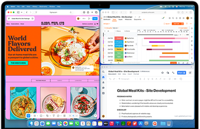 MacBook Air, l’écran affiche Figma, Zoho et Quip ouverts dans trois fenêtres distinctes, pour illustrer le mode multitâche