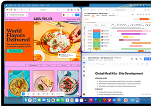 MacBook Air, l’écran affiche Figma, Zoho et Quip ouverts dans trois fenêtres distinctes, pour illustrer le mode multitâche
