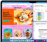 MacBook Air, l’écran affiche Figma, Zoho et Quip ouverts dans trois fenêtres distinctes, pour illustrer le mode multitâche