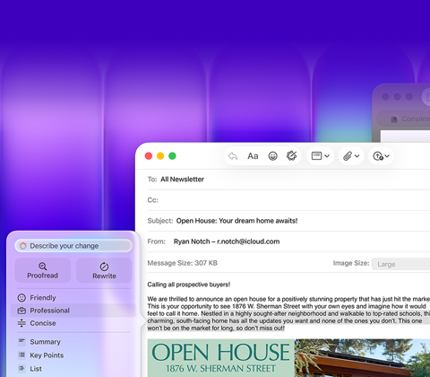 Écran de MacBook Neo, utilisation des Outils d’écriture d’Apple Intelligence dans Mail pour rédiger un e-mail contenant une invitation à une journée portes ouvertes