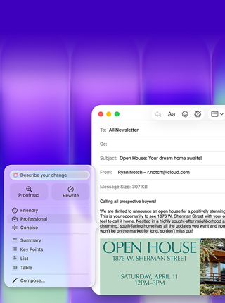Écran de MacBook Neo, utilisation des Outils d’écriture d’Apple Intelligence dans Mail pour rédiger un e-mail contenant une invitation à une journée portes ouvertes