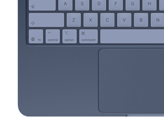 Vue de haut d’un MacBook Neo couleur indigo, avec touches assorties et trackpad Multi-Touch visible