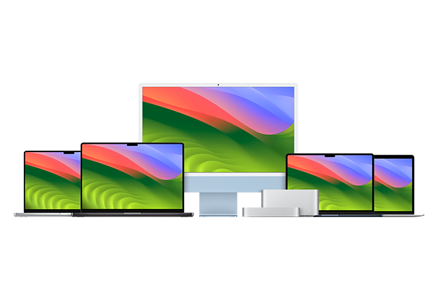 Accessoires Mac vus d’en haut : Studio Display, Magic Keyboard, Magic Mouse, Magic Trackpad, AirPods et câble de charge MagSafe