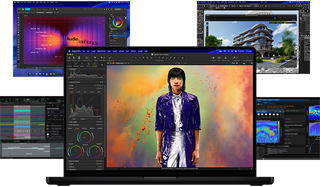 Différents contenus colorés affichés à l’écran dans des apps de production musicale, de montage vidéo, d’animation 3D et de retouche photo sur Mac, illustrant les puissantes performances graphiques