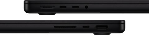 Vue rapprochée des ports d’un MacBook Pro – côté gauche : MagSafe 3, deux ports Thunderbolt et prise casque – côté droit : lecteur de carte SDXC, port Thunderbolt et port HDMI