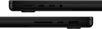 Vue rapprochée des ports d’un MacBook Pro – côté gauche : MagSafe 3, deux ports Thunderbolt et prise casque – côté droit : lecteur de carte SDXC, port Thunderbolt et port HDMI