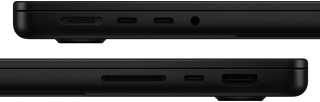 Vue rapprochée des ports d’un MacBook Pro – côté gauche : MagSafe 3, deux ports Thunderbolt et prise casque – côté droit : lecteur de carte SDXC, port Thunderbolt et port HDMI
