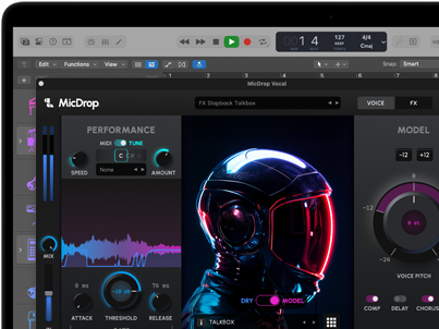 Contenu d’écran montrant le logiciel MicDrop utilisant des fonctionnalités d’IA pour monter un enregistrement vocal sur un MacBook Pro