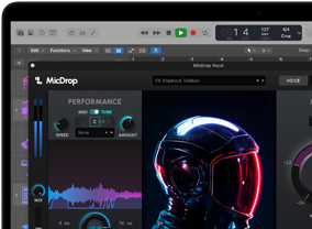 Contenu d’écran montrant le logiciel MicDrop utilisant des fonctionnalités d’IA pour monter un enregistrement vocal sur un MacBook Pro