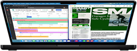 MacBook Pro partiellement ouvert affichant deux documents en écran partagé