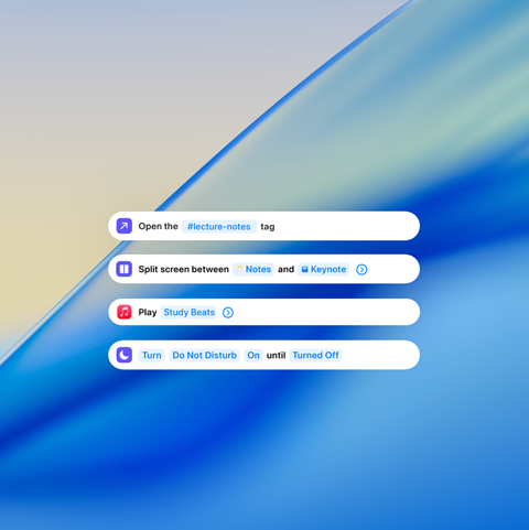 Notifications de travail affichant Notes de cours, les options d’écran partagé, Apple Music et Ne pas déranger sur un fond ondulé bleu opaque