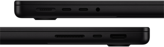 Vue rapprochée des ports d’un MacBook Pro – côté gauche : MagSafe 3, deux ports Thunderbolt et prise casque – côté droit : lecteur de carte SDXC, port Thunderbolt et port HDMI