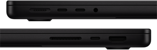 Vue rapprochée des ports d’un MacBook Pro – côté gauche : MagSafe 3, deux ports Thunderbolt et prise casque – côté droit : lecteur de carte SDXC, port Thunderbolt et port HDMI