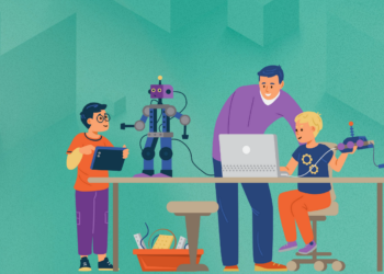 dessin d'un homme aidant deux enfants à se servir d'outils technologiques