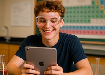 adolescent qui se sert d'un iPad en laboratoire de chimie